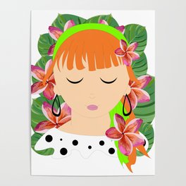 Cool girl in beautiful dotted dress leaves and flowers Poster
