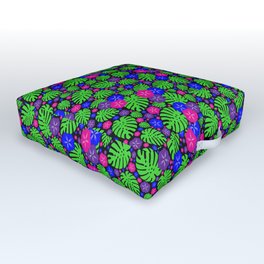Tropical Monstera and Hibiscus Chintz - Lime Brights Outdoor Floor Cushion