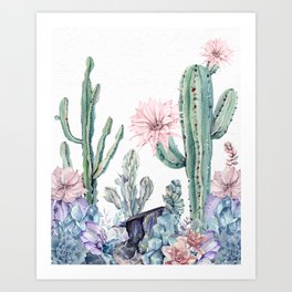 Desert Cactus Succulents + Gemstones on White Art Print
