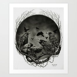 Corvidae Art Print | Dark, Black, Darkart, Curated, Crows, Graphite, Branches, Corvo, Flying, Animal 