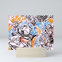 Chaotic Inky Doodle Orange and Blue Mini Art Print