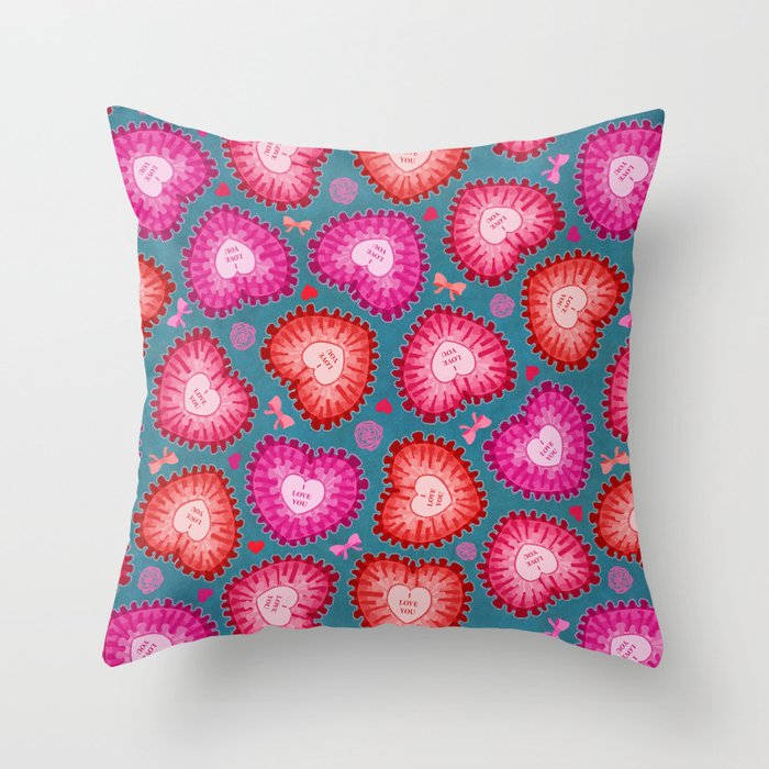 Ruffled Valentine Hearts // Teal Throw Pillow