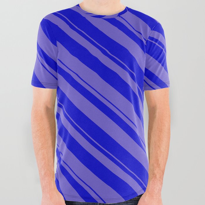 Slate Blue and Blue Colored Stripes/Lines Pattern All Over Graphic Tee
