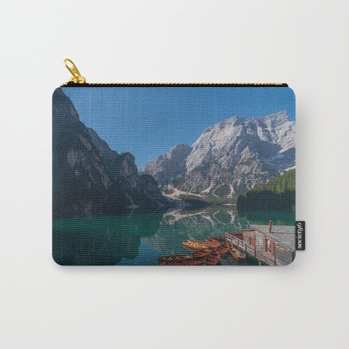 The Seekofel mountains and wooden boats reflected in the waters of Lake Braies Carry-All Pouch