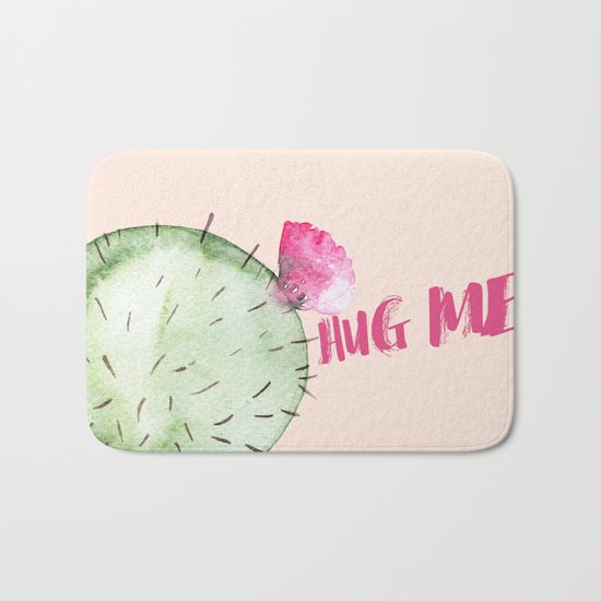 Hug me- Cactus and typography and watercolor Bath Mat