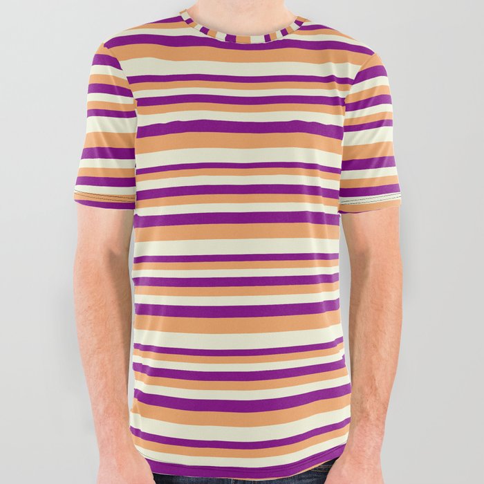 Purple, Brown & Beige Colored Striped/Lined Pattern All Over Graphic Tee