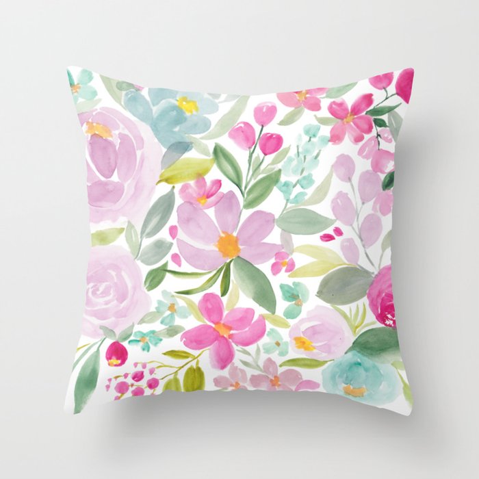Modern floral watercolor big red pink purple pattern Throw Pillow