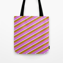 [ Thumbnail: Dark Goldenrod, Orchid, Mint Cream & Maroon Colored Lines Pattern Tote Bag ]