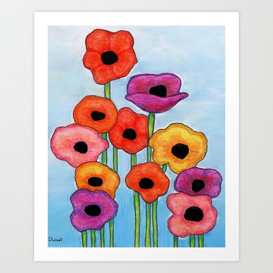 Colorful Poppies on Blue Art Print