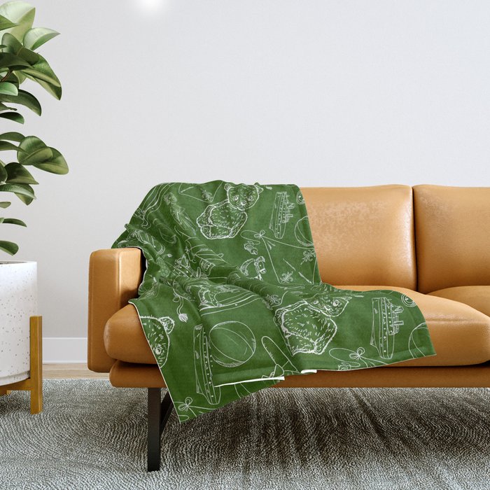 Green and White Toys Outline Pattern Throw Blanket