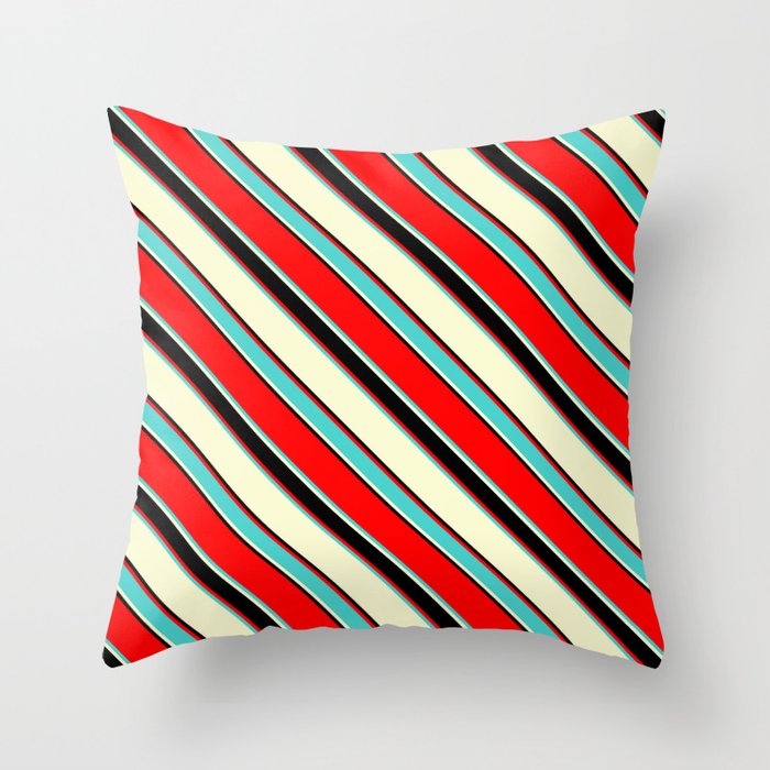 Red, Turquoise, Light Yellow & Black Colored Lined/Striped Pattern Throw Pillow