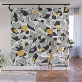 Yellow tulips pattern with black and white silhouette Wall Mural