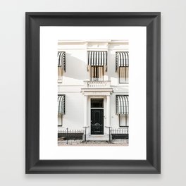 Black door with striped awnings. Minimalistic print - fine art photography Framed Art Print