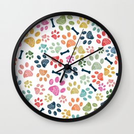 Colorful doodle paw prints pattern Wall Clock | Bone, Colorful, Hand Drawn, Pet, Digital, Cat, Foot, Print, Fun, Dog 