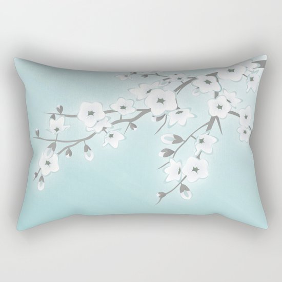 Cherry Blossoms Mint White Rectangular Pillow