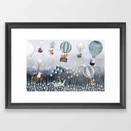 the wondrous balloon race Framed Art Print | Bleubri, Adventurewallart, Safarianimals, Babynurserydecor, Boysnurserart, Woodlandnursery, Cuteillustrations, Painting, Travelwallart, Nurseryart 