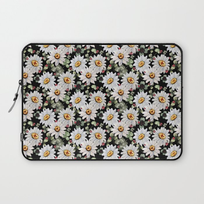 Nature pattern with Daisies, clovers and ladybugs on a black background Laptop Sleeve