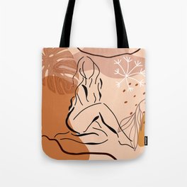 Sensual sitting woman line art, Abstract monstera leaf illustration, Organic floral background Tote Bag