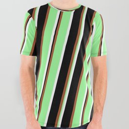 [ Thumbnail: Sienna, Green, White & Black Colored Lined Pattern All Over Graphic Tee ]