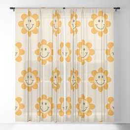 70s Retro Smiley Floral Face Pattern in yellow and beige Sheer Curtain