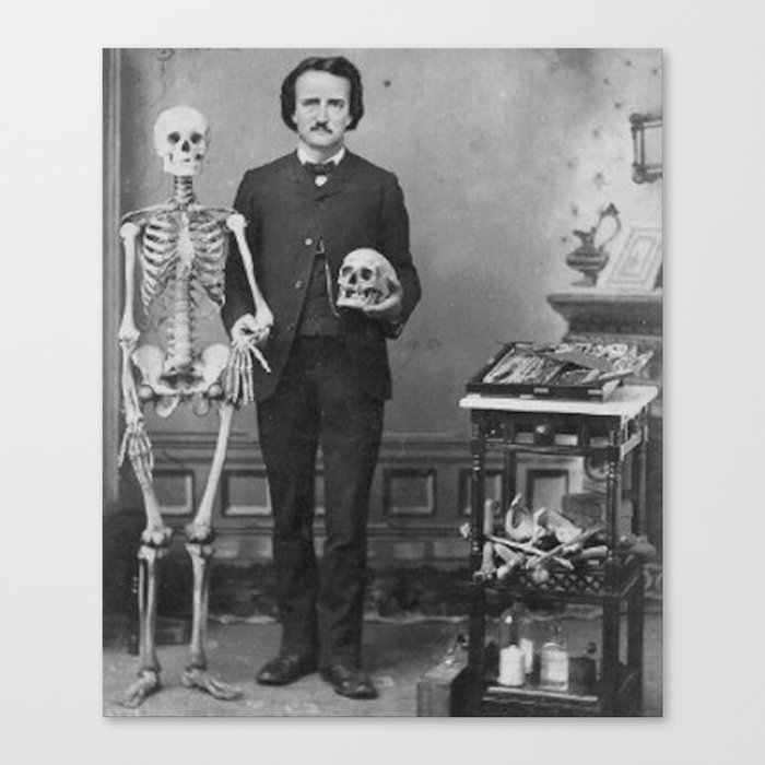 Edgar Allan Poe with Skull and Skeleton macabre black and white photograph Canvas Print