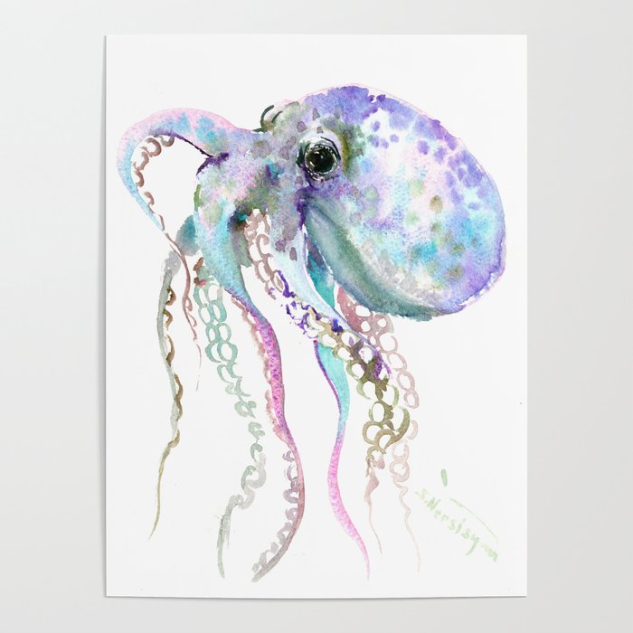 Octopus soft gray violet, turquoise soft colored octopus design beautiful octopus decor Poster