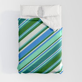 [ Thumbnail: Colorful Blue, Aquamarine, Teal, Dark Green, and Mint Cream Colored Lines/Stripes Pattern Duvet Cover ]