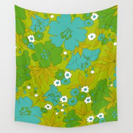 Green, Turquoise, and White Retro Flower Design Pattern Wall Tapestry