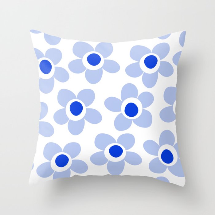 Light Blue Maisie Flowers Cheerful Floral Pattern on White Throw Pillow