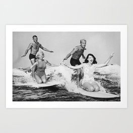 Vintage Tandem Couples Surfing Art Print