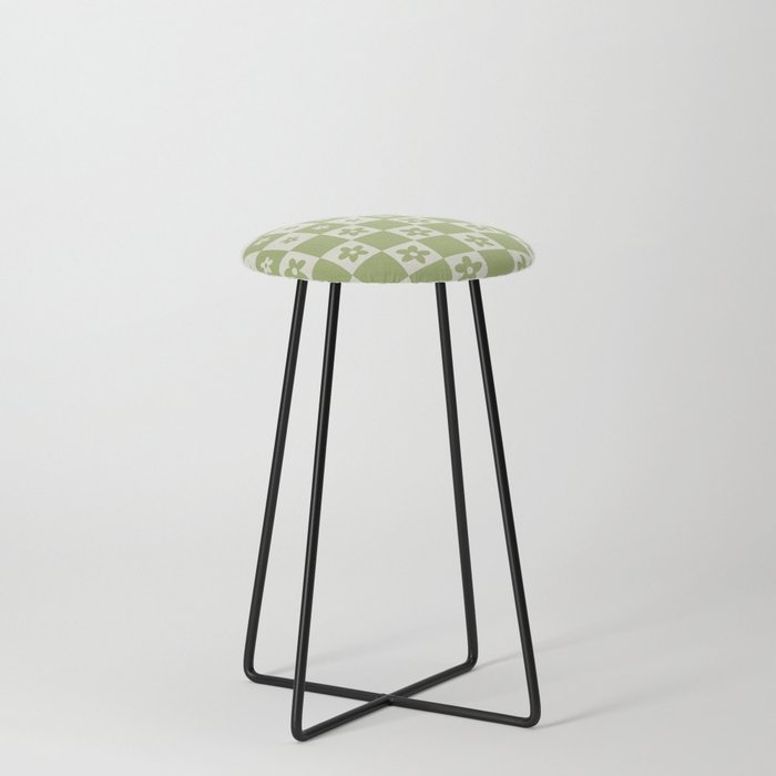 Abstract Floral Checker Pattern 7 in Forest Sage Green Counter Stool