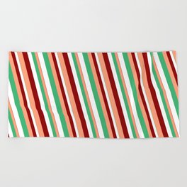 [ Thumbnail: Sea Green, White, Dark Red & Light Salmon Colored Lines/Stripes Pattern Beach Towel ]