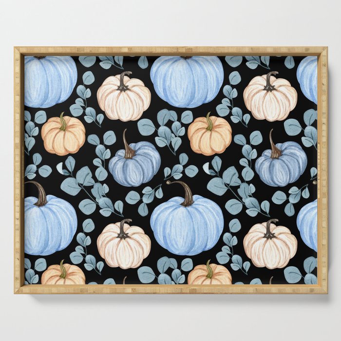Pumpkin with Branch of Leaves Seamless Pattern Serving Tray