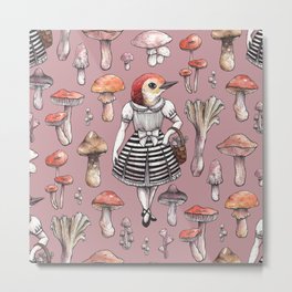 Mushroom Pickers - Lady Woodpecker Metal Print | Drawing, Watercolor, Mixmedia, Nature, Animal, Pattern, Ink, Victorian, Botanical, Cute 