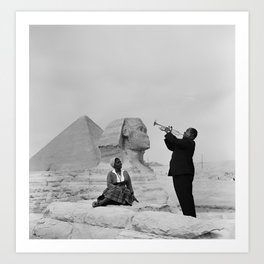 Louis Armstrong at the Spinx and Egyptian Pyrimids Vintage black and white photography / photographs Art Print