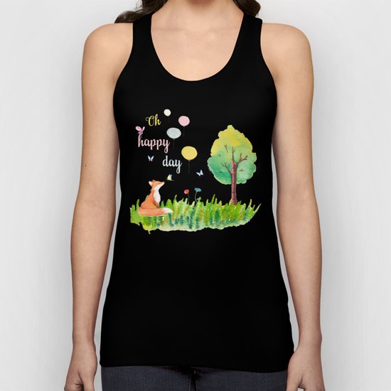 Fox- oh happy day on blue backround- Watercolor illustration Unisex Tank Top