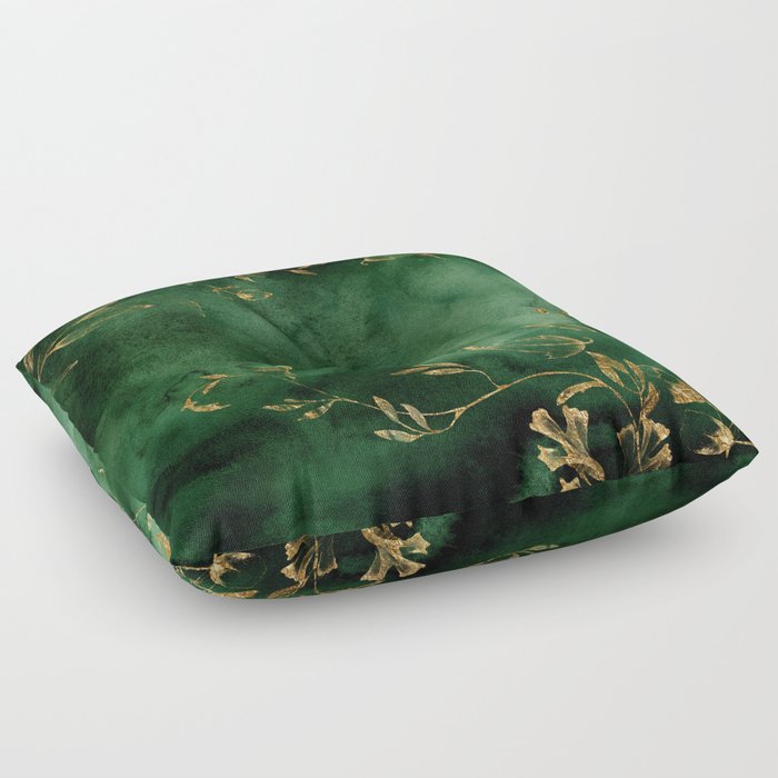 Winter Gold Flowers On Emerald Marble Texture Floor Pillow
