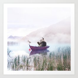 Peaceful Ride Art Print | Bird, Graphicdesign, Fog, Panda, Animal, Peace, Lake, Peaceful, Clouds, Mountains 