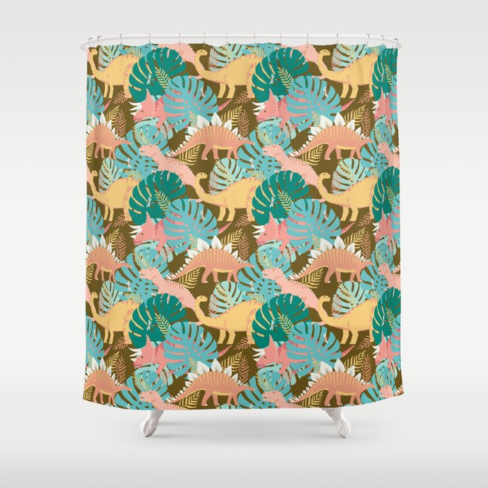 Jungle Dinosaurs on Gold Shower Curtain