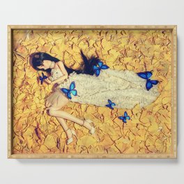 Hearts and blue butterflies; female doll posed with butterlies color photograph / photography Serving Tray
