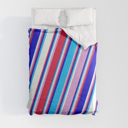 [ Thumbnail: Colorful Plum, Crimson, Blue, Deep Sky Blue, and Mint Cream Colored Lined/Striped Pattern Comforter ]