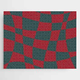 Samba Red and Tidewater Green Abstract Checkerboard Jigsaw Puzzle