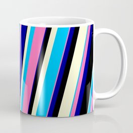 [ Thumbnail: Vibrant Deep Sky Blue, Hot Pink, Dark Blue, Black, and Light Yellow Colored Lines/Stripes Pattern Coffee Mug ]