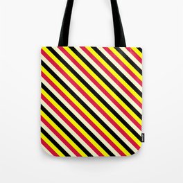 [ Thumbnail: Yellow, Crimson, Light Yellow & Black Colored Stripes/Lines Pattern Tote Bag ]