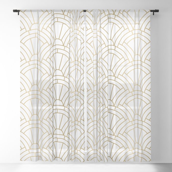 Gold And White Geometric Art Deco Pattern Sheer Curtain By