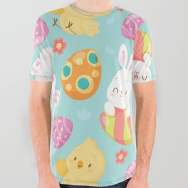 Happy Easter Rabbit And Chicken Collection All Over Graphic Tee