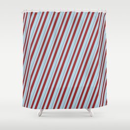 [ Thumbnail: Brown and Light Blue Colored Striped/Lined Pattern Shower Curtain ]