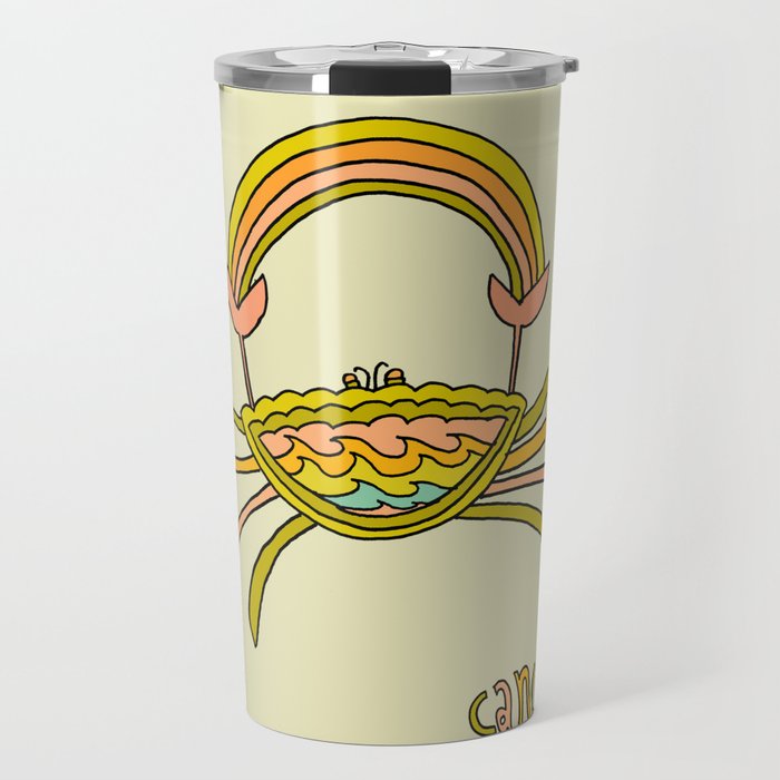 cancer the crab caring and good vibes retro zodiac art by surfy birdy Travel Mug
