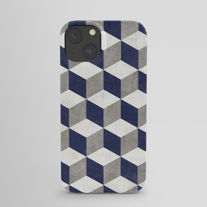 Geometric Cube Pattern - Concrete Gray, White, Blue iPhone Case