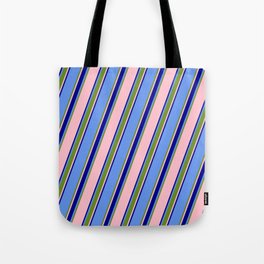 [ Thumbnail: Cornflower Blue, Green, Pink & Dark Blue Colored Striped/Lined Pattern Tote Bag ]